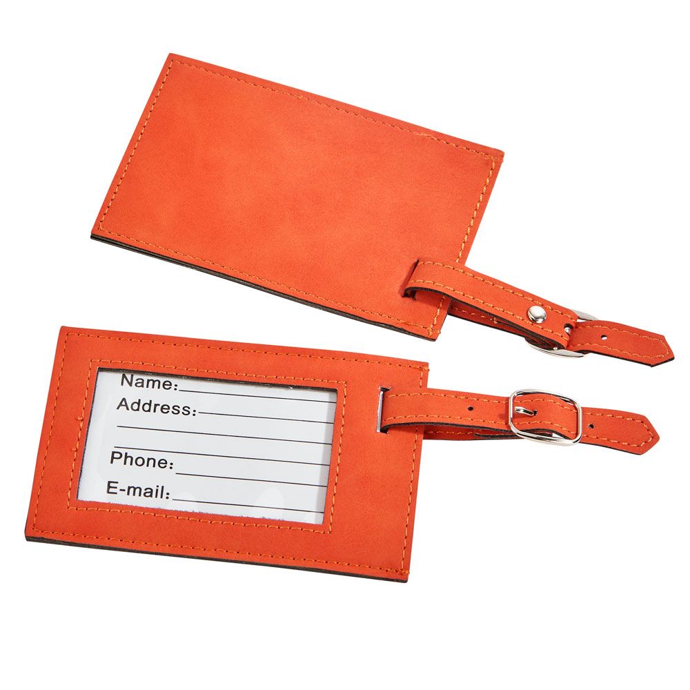 Orange leatherette luggage tag with clear window and buckled strap, perfect for easy identification.