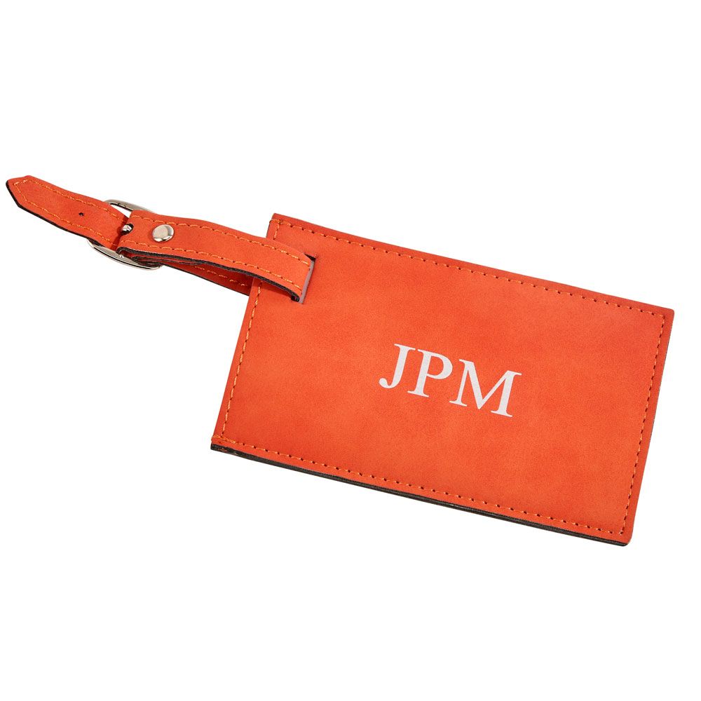 Orange leatherette luggage tag with clear window and buckled strap, perfect for easy identification.