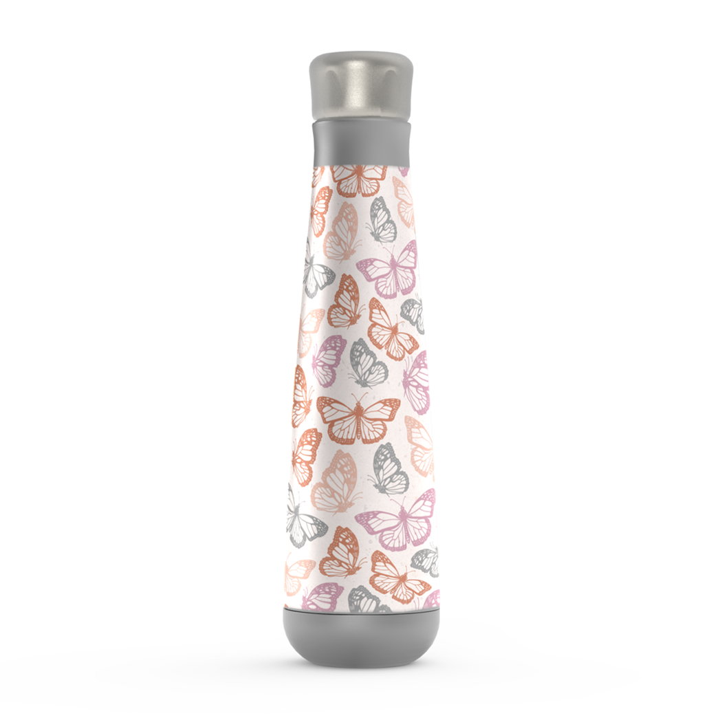 Orange and pink butterfly patterned stainless steel water bottle with a screw-on lid, showcasing a stylish design.