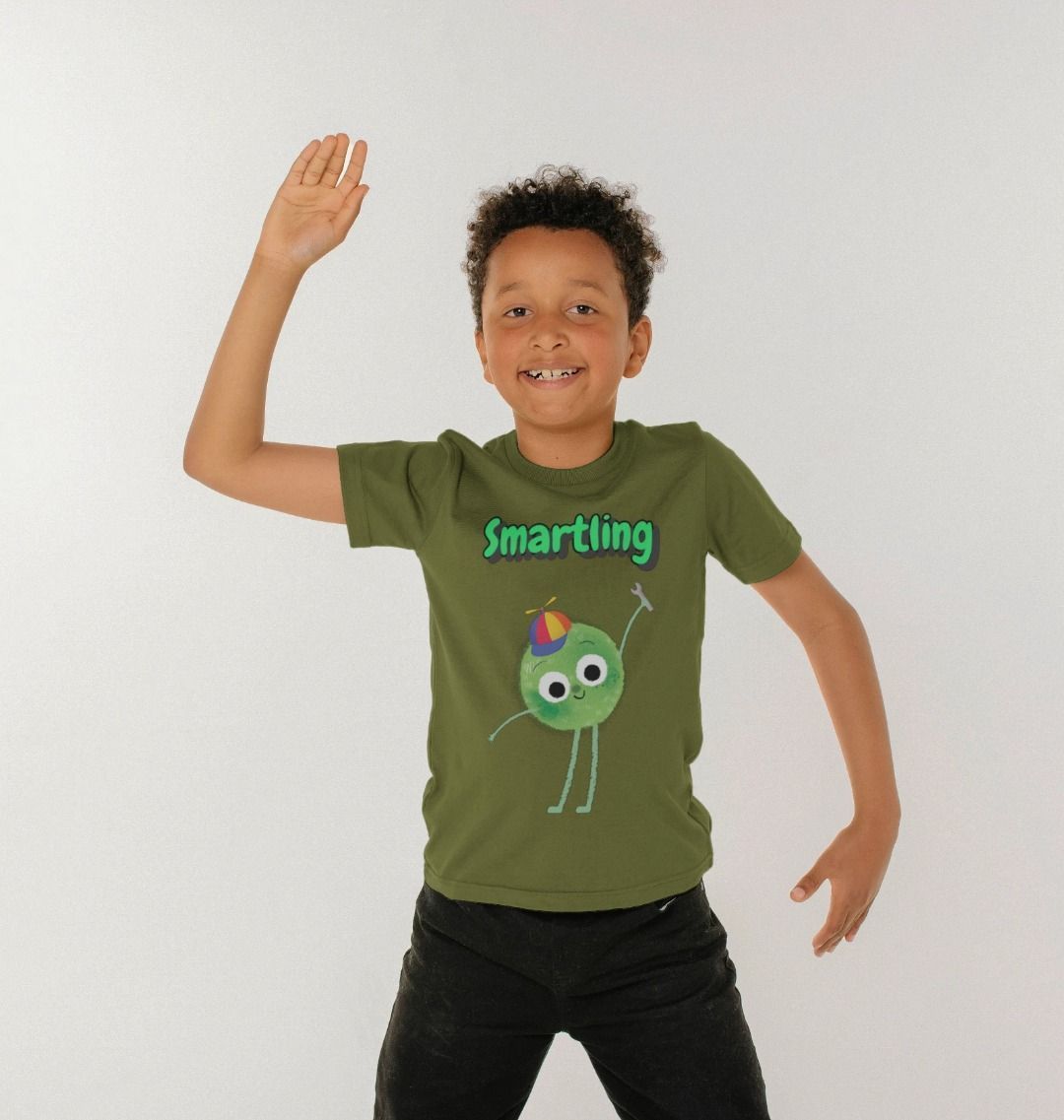 Organic Children's T-shirt by Smartling, made from certified organic cotton with low waste printing technology, available in various sizes.