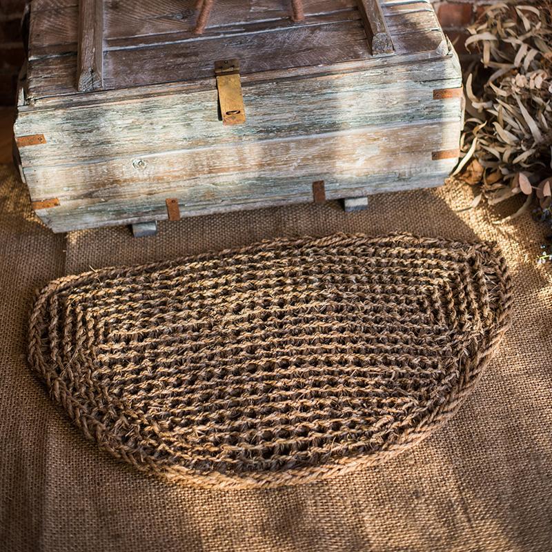 Organic Natural Straw Door Mat in khaki and brown colors, showcasing its rectangular and half round shapes.