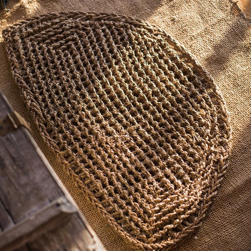 Organic Natural Straw Door Mat in khaki and brown colors, showcasing its rectangular and half round shapes.