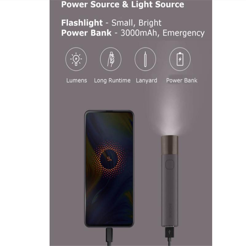 Original Xiaomi Youpin SOLOVE X3 USB Rechargeable Flashlight with power bank functionality, showcasing its sleek design and compact size.