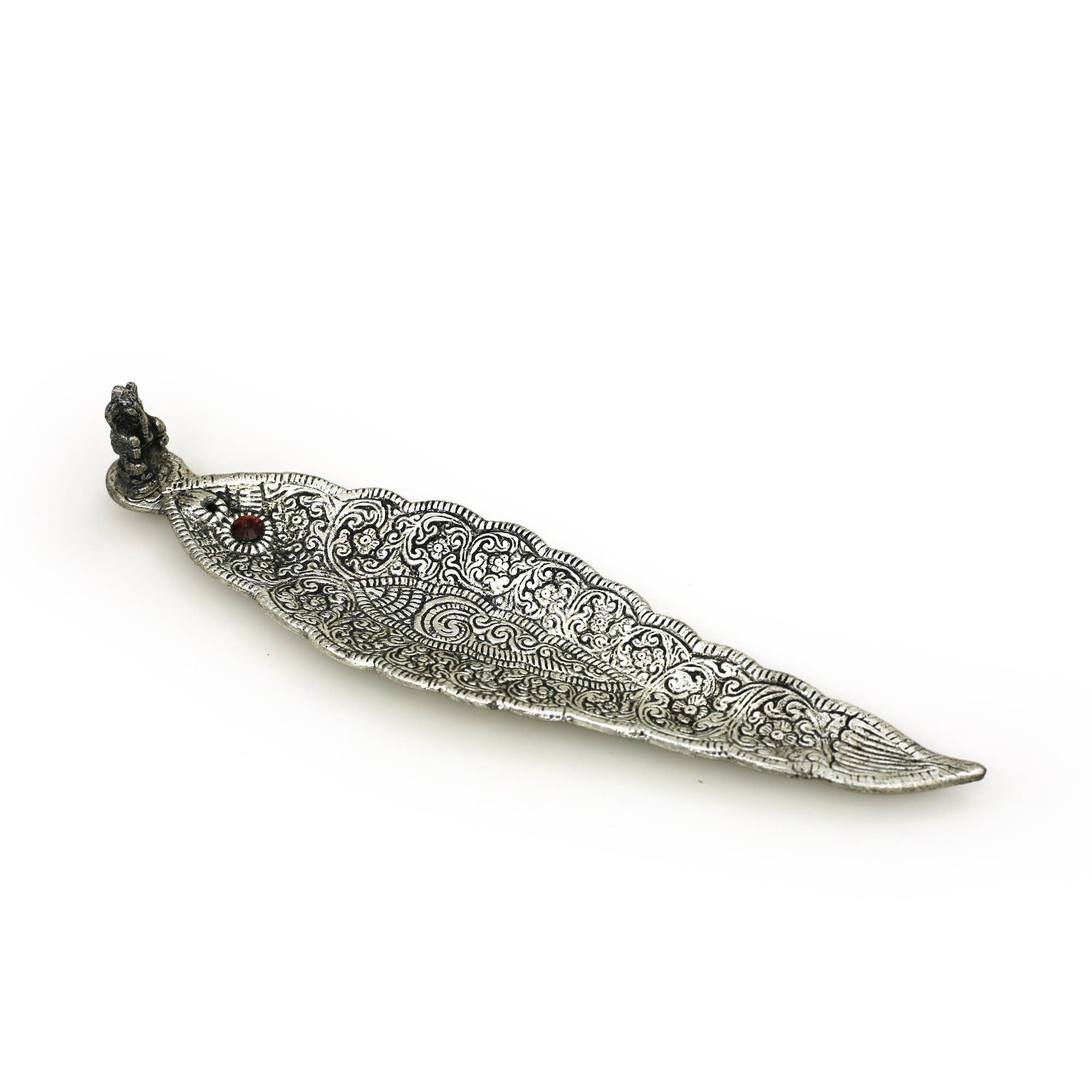 Ornate Metal Ganesh Large Leaf Incense Burner, handmade with intricate details, perfect for spiritual spaces.