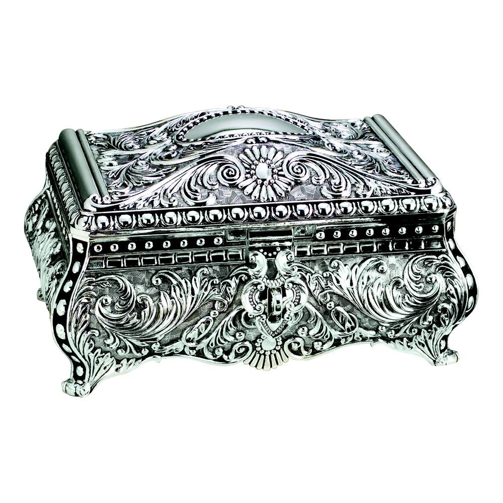 Elegant Victorian style ornate rectangular box with footed design, antique finish, and dark blue flocked lining.