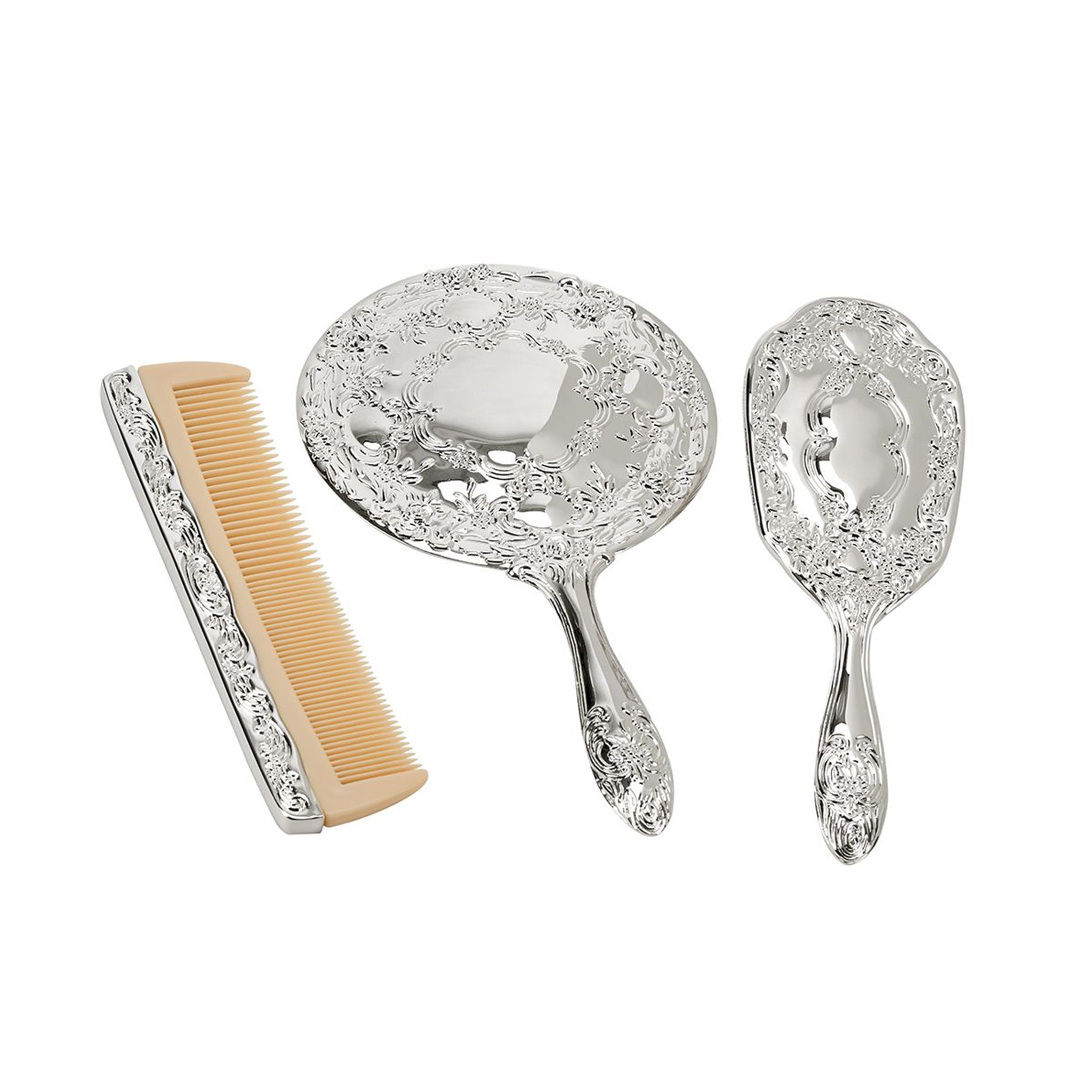 Ornate Vanity Set featuring a Victorian-inspired brush, comb, and hand mirror, elegantly designed in nickel-plated brass.