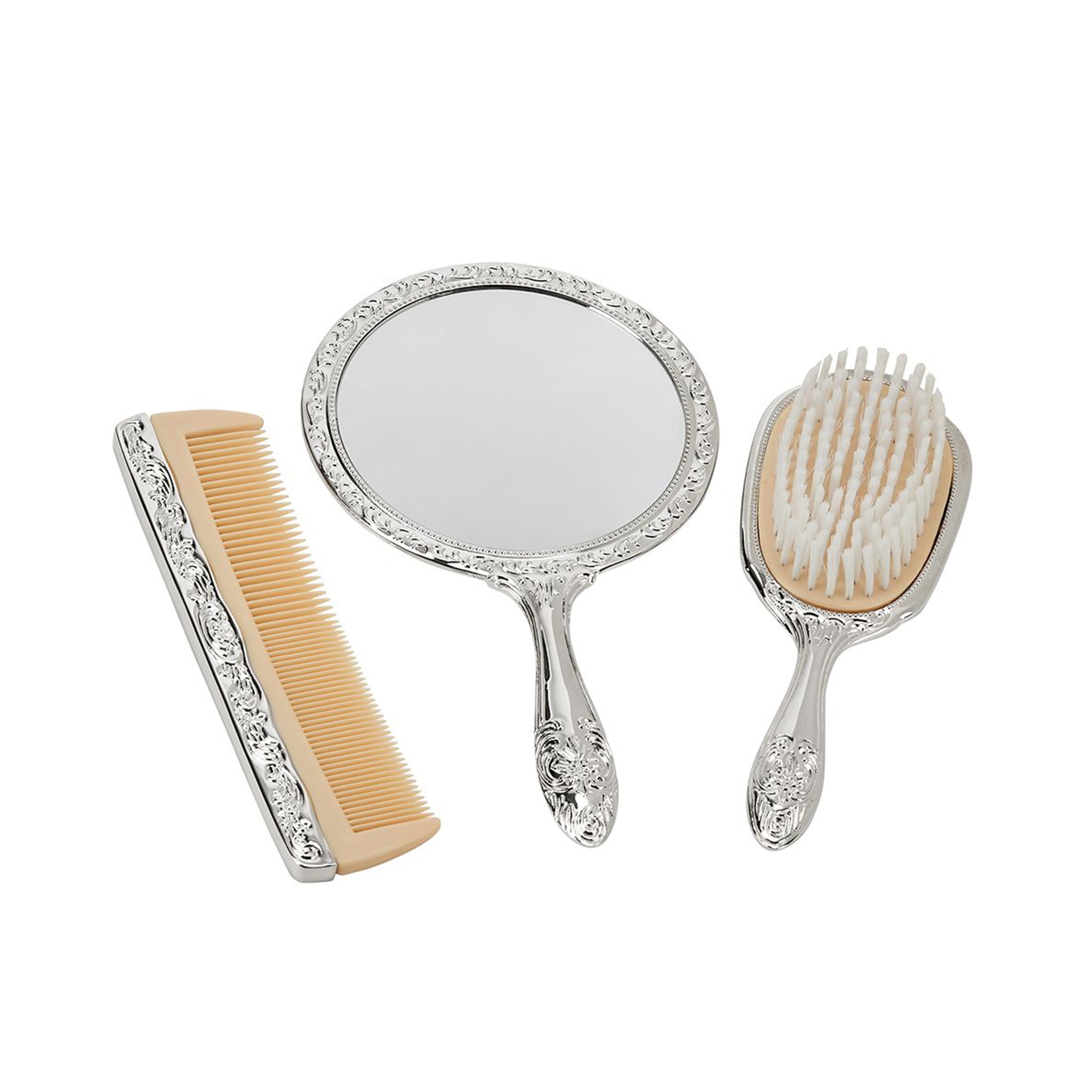 Ornate Vanity Set featuring a Victorian-inspired brush, comb, and hand mirror, elegantly designed in nickel-plated brass.