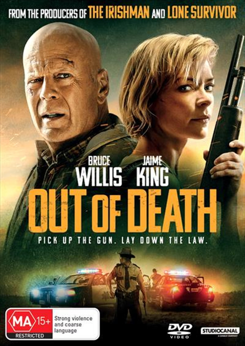 Out Of Death DVD cover featuring Bruce Willis and Jaime King in a suspenseful wilderness setting.