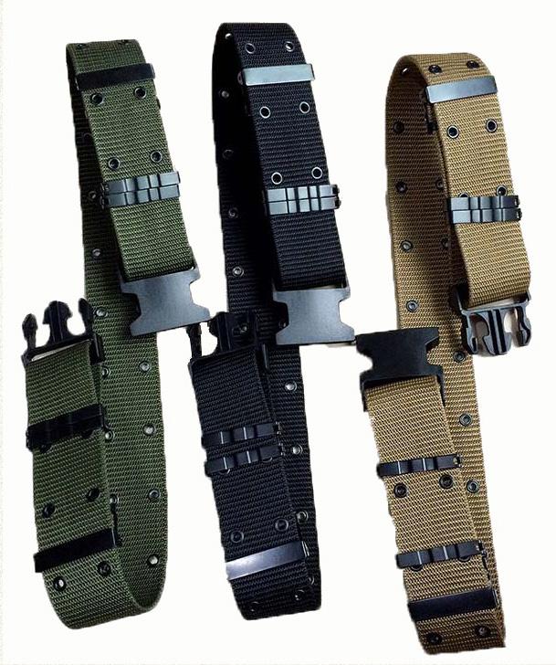 Outdoor training tactical belt in black, khaki, and army green colors, showcasing its durable canvas and nylon material with a steel buckle.