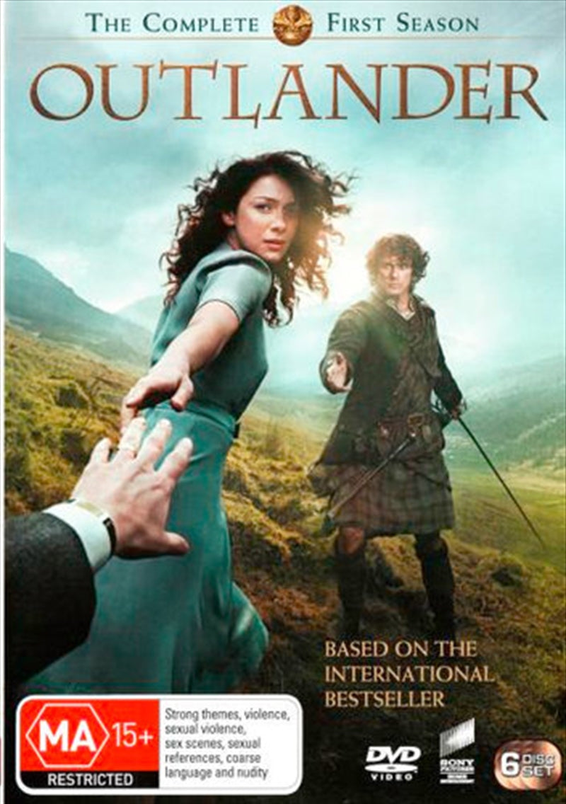 Outlander Season 1 DVD cover featuring Claire Randall and Jamie Fraser in a romantic embrace against a Scottish backdrop.