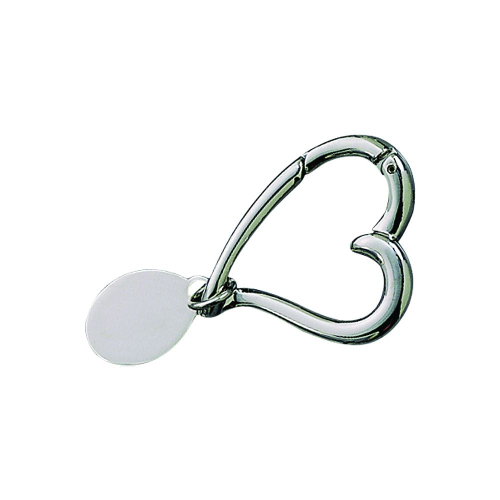 Outlined Heart Keychain with oval engraving tag in a green gift box, showcasing its bright silver finish.