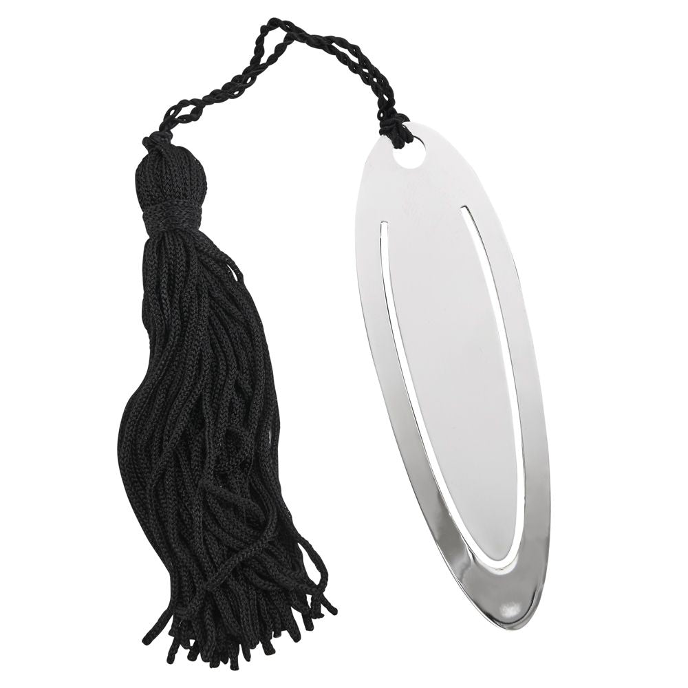 Elegant oval shaped bookmark with a flowing black tassel, perfect for book lovers.