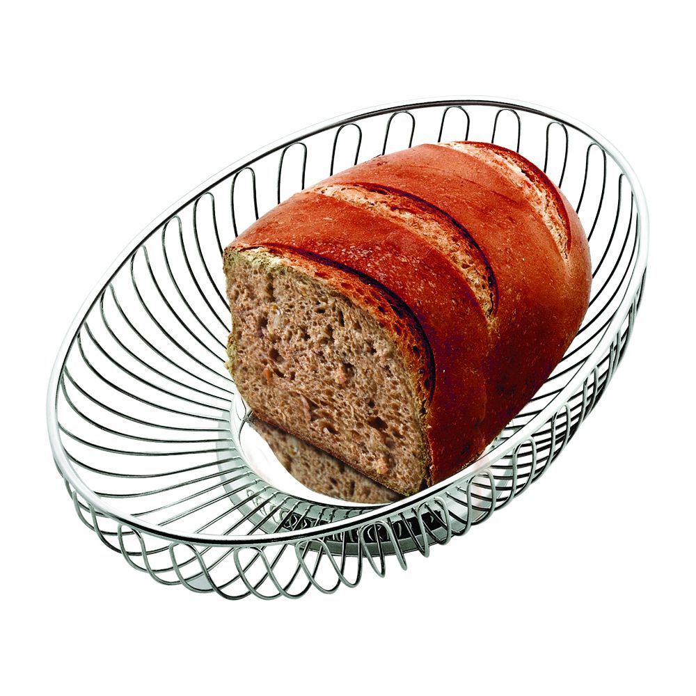 Elegant oval wire basket made of stainless steel, perfect for serving bread and rolls.