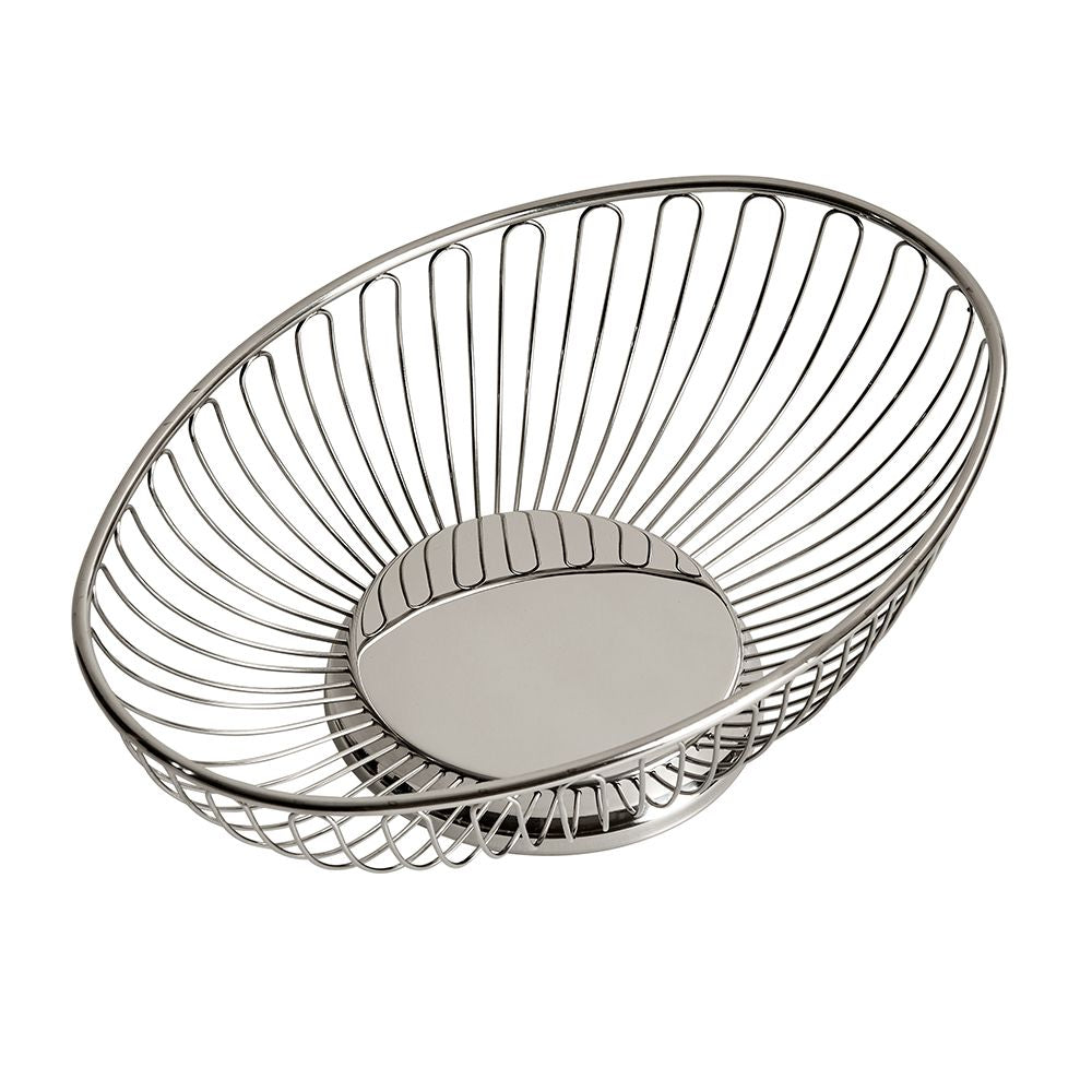 Elegant oval wire basket made of stainless steel, perfect for serving bread and rolls.