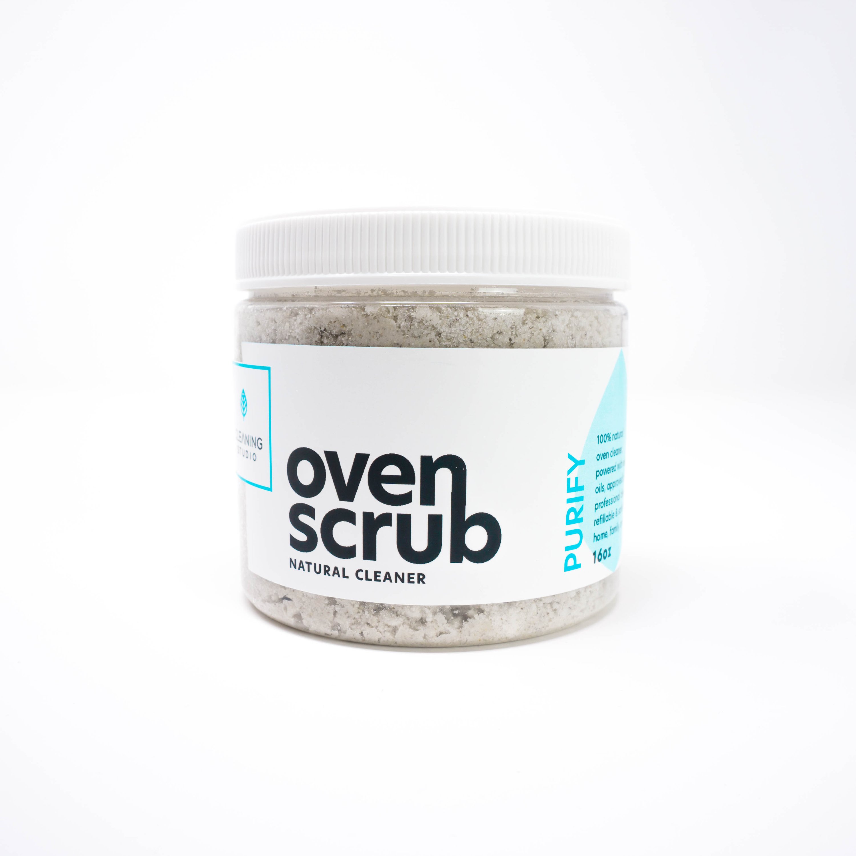 Oven Scrub Cleaner in a plastic jar with a metallic sponge, showcasing its natural ingredients and eco-friendly packaging.