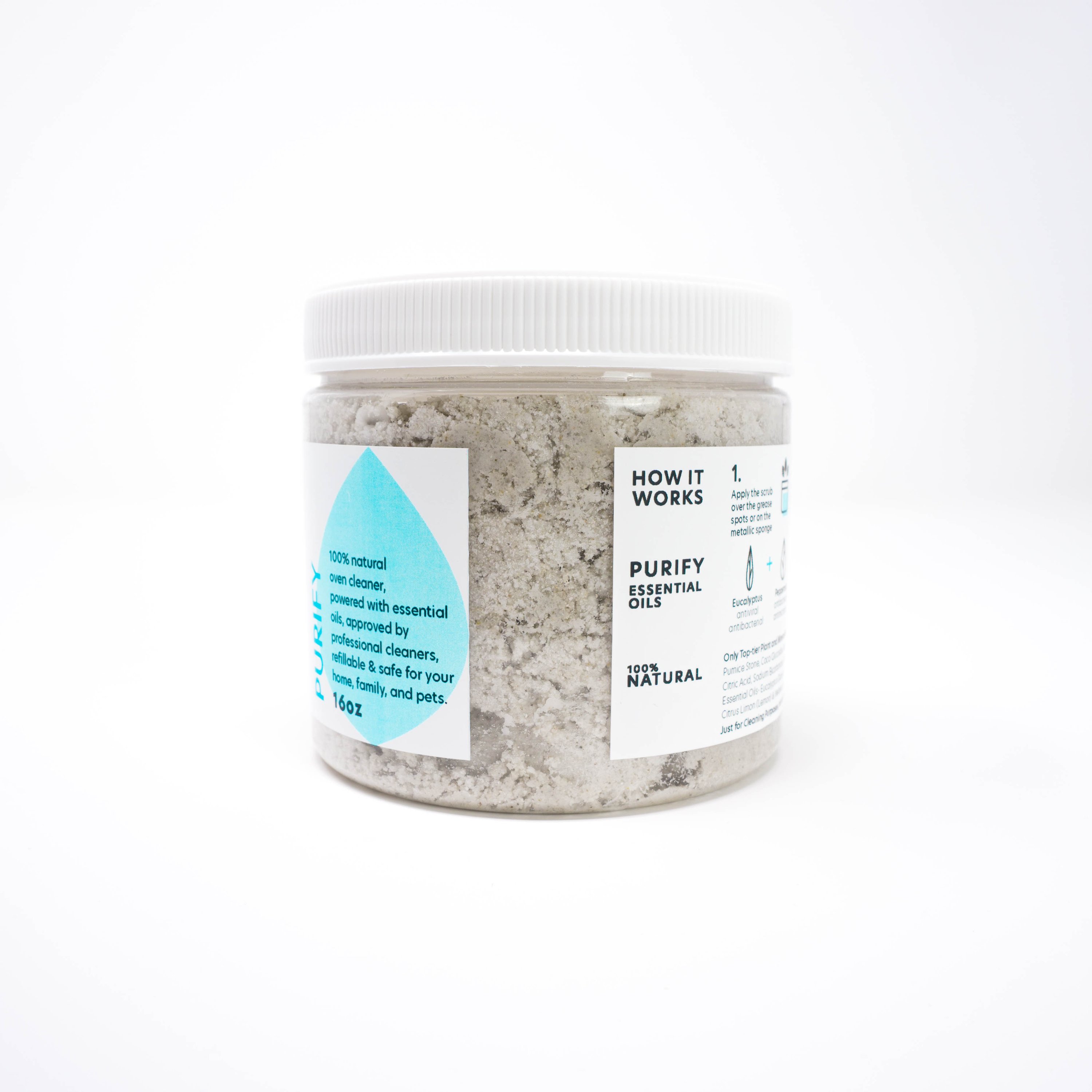 Oven Scrub Cleaner in a plastic jar with a metallic sponge, showcasing its natural ingredients and eco-friendly packaging.