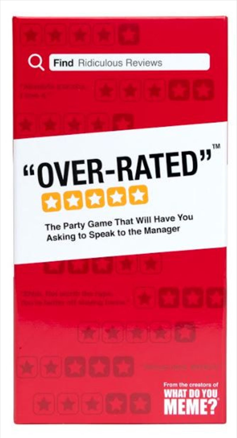 Over-Rated party game box featuring humorous review and location cards.