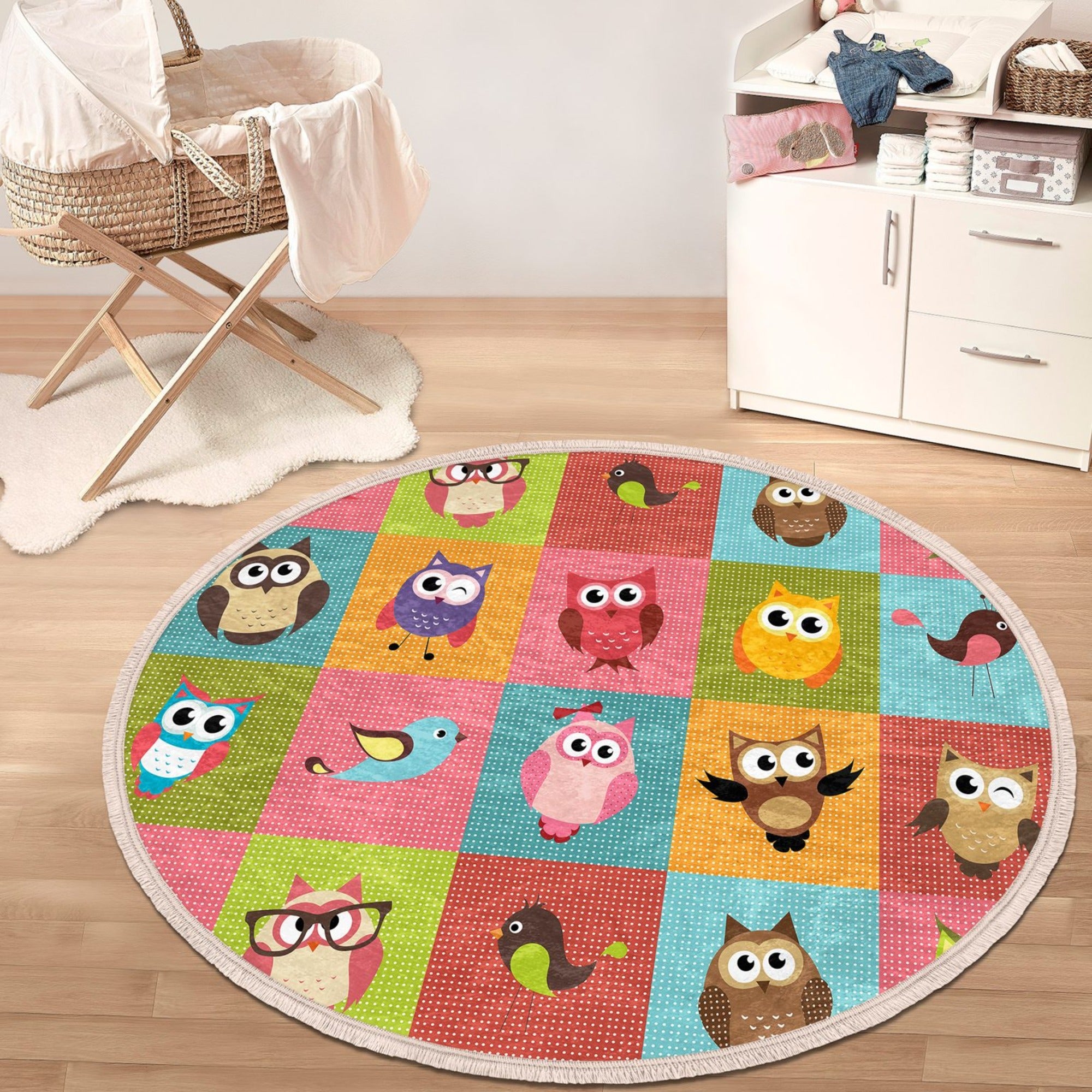 Owl Printed Kids Room Area Rug featuring a colorful owl design, soft velvet fabric, and fringes, perfect for nursery or playroom.