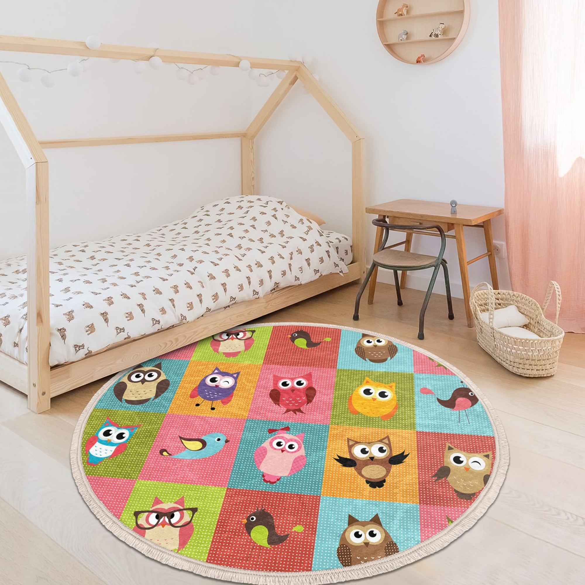 Owl Printed Kids Room Area Rug featuring a colorful owl design, soft velvet fabric, and fringes, perfect for nursery or playroom.