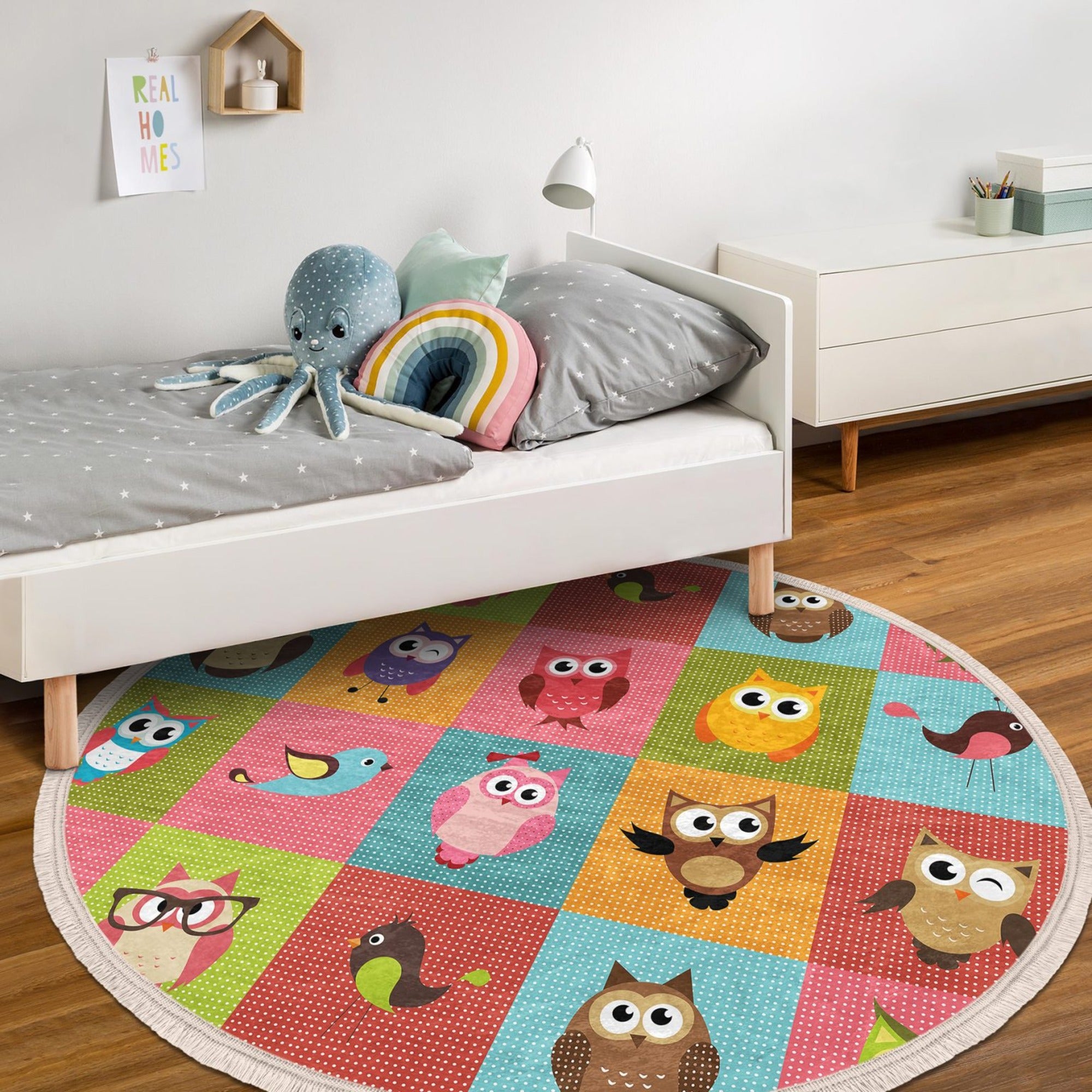 Owl Printed Kids Room Area Rug featuring a colorful owl design, soft velvet fabric, and fringes, perfect for nursery or playroom.