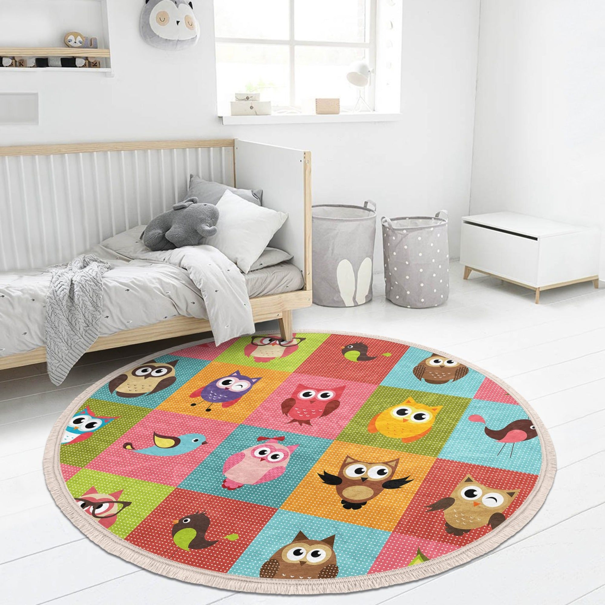 Owl Printed Kids Room Area Rug featuring a colorful owl design, soft velvet fabric, and fringes, perfect for nursery or playroom.