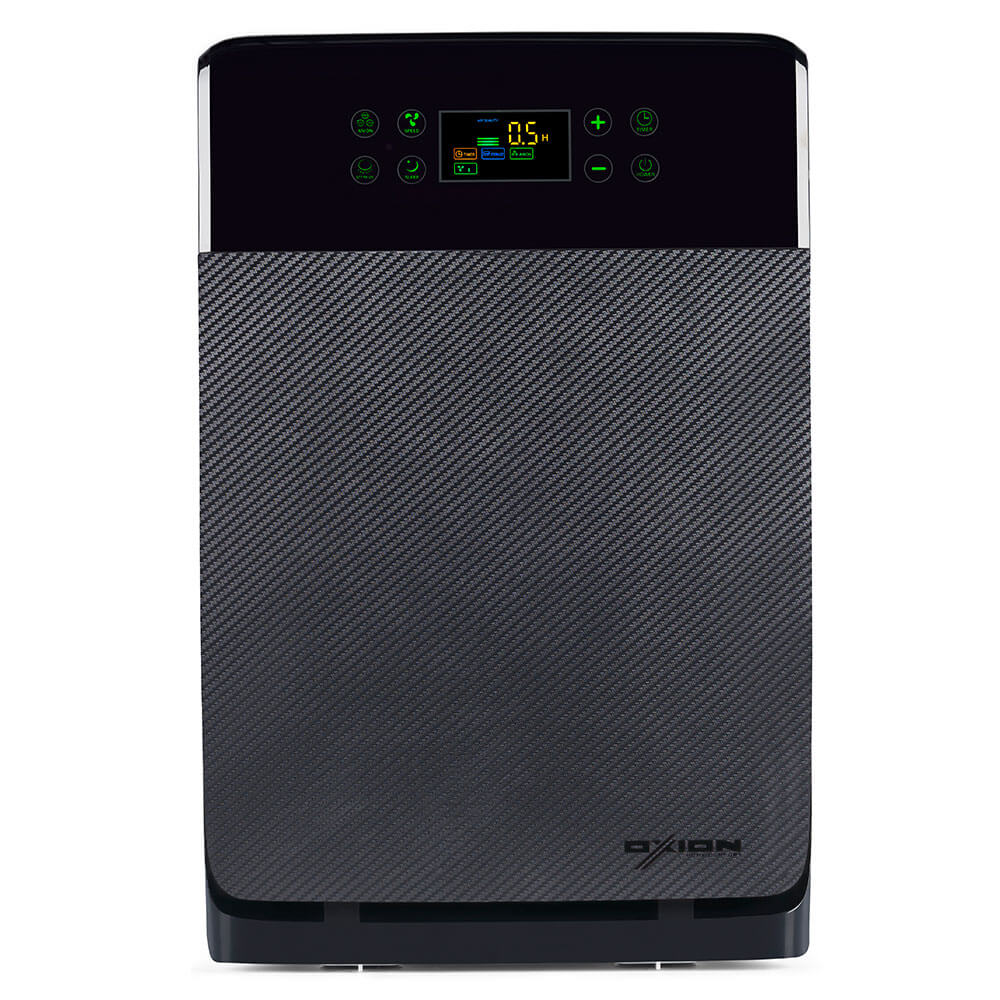 Oxion Air Purifier in Carbon Fiber finish, showcasing its sleek design and advanced filtration system.