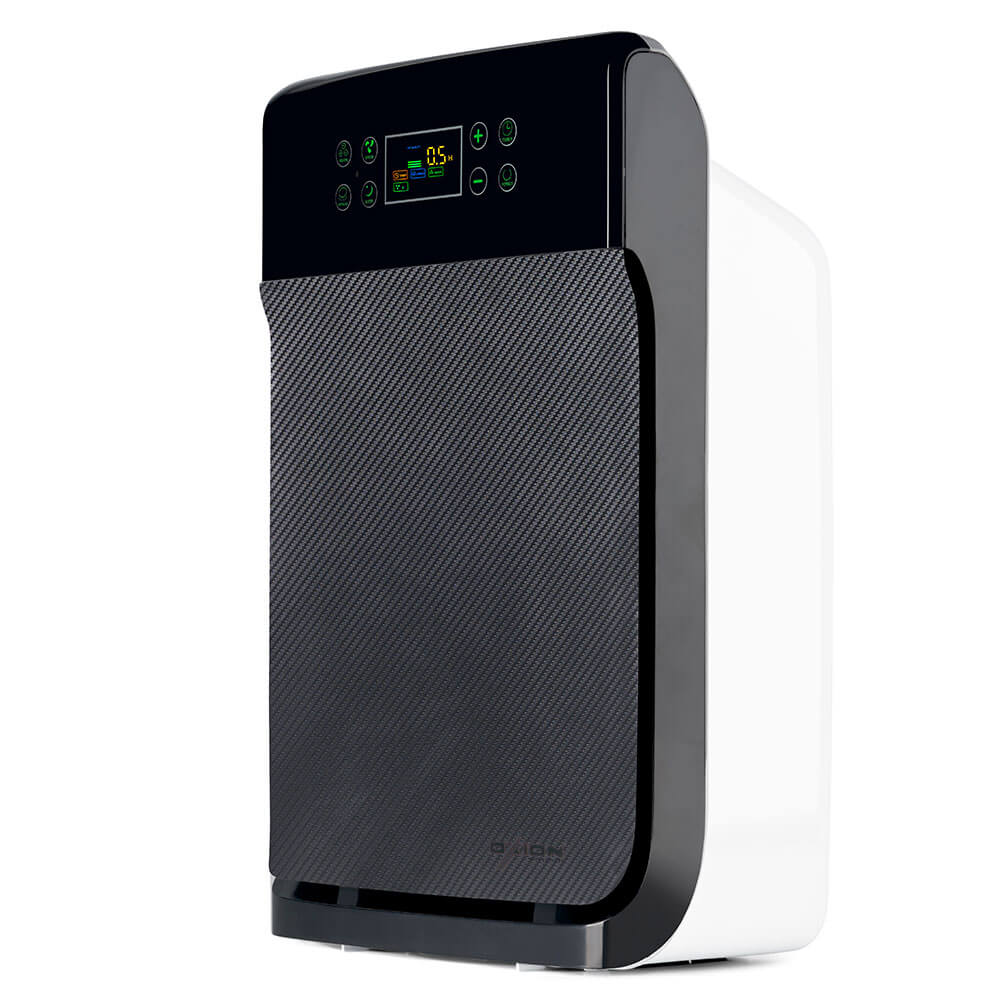 Oxion Air Purifier in Carbon Fiber finish, showcasing its sleek design and advanced filtration system.