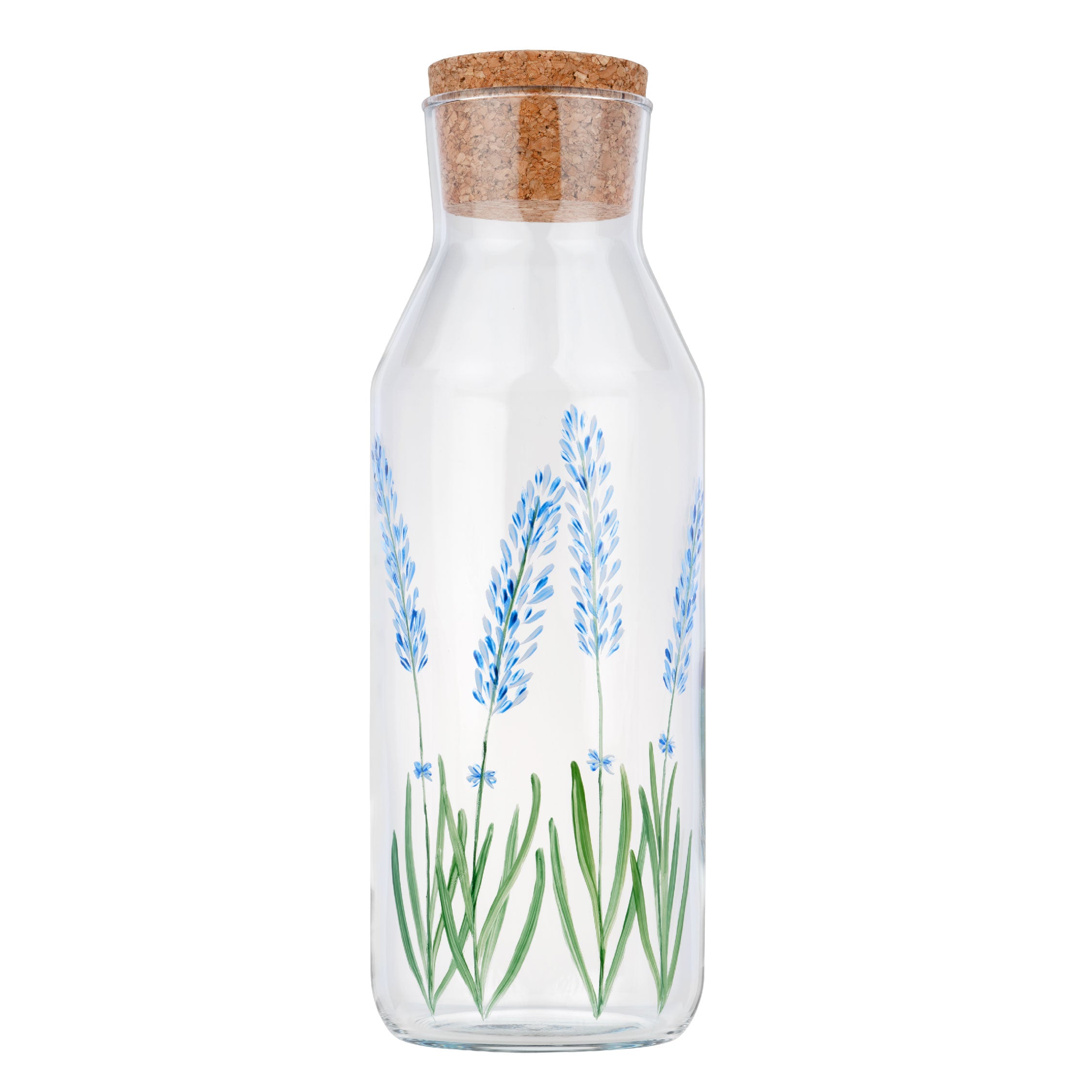 Pack Les Essentiels comprenant une carafe en verre peinte à la main, un bocal et une bouteille, tous de 1L, en couleurs Lavande Bleu et Lavande Blanc.