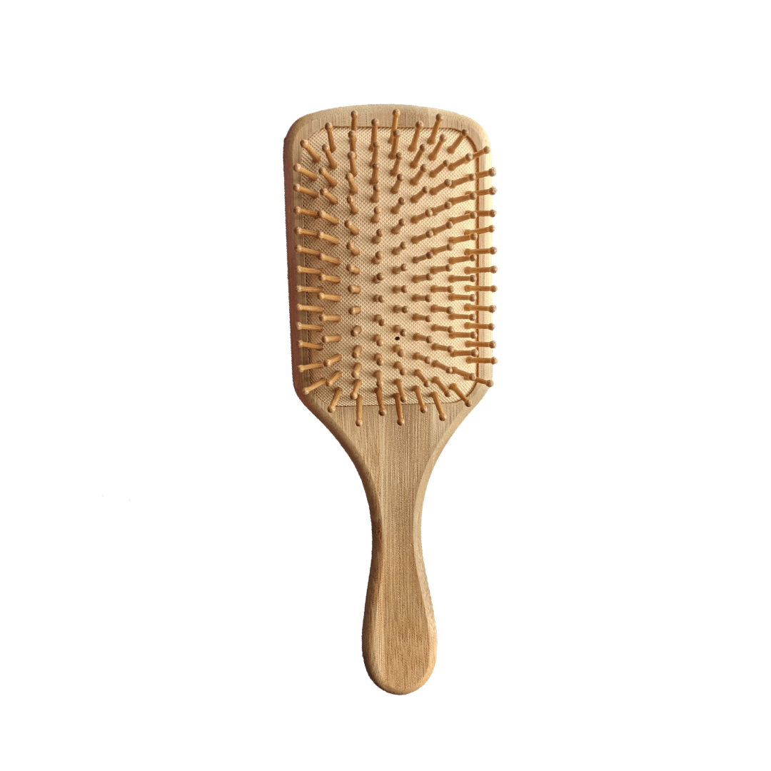 Paddle Style Bamboo Hairbrush with a sustainable bamboo handle and natural rubber airbag, showcasing its eco-friendly design.