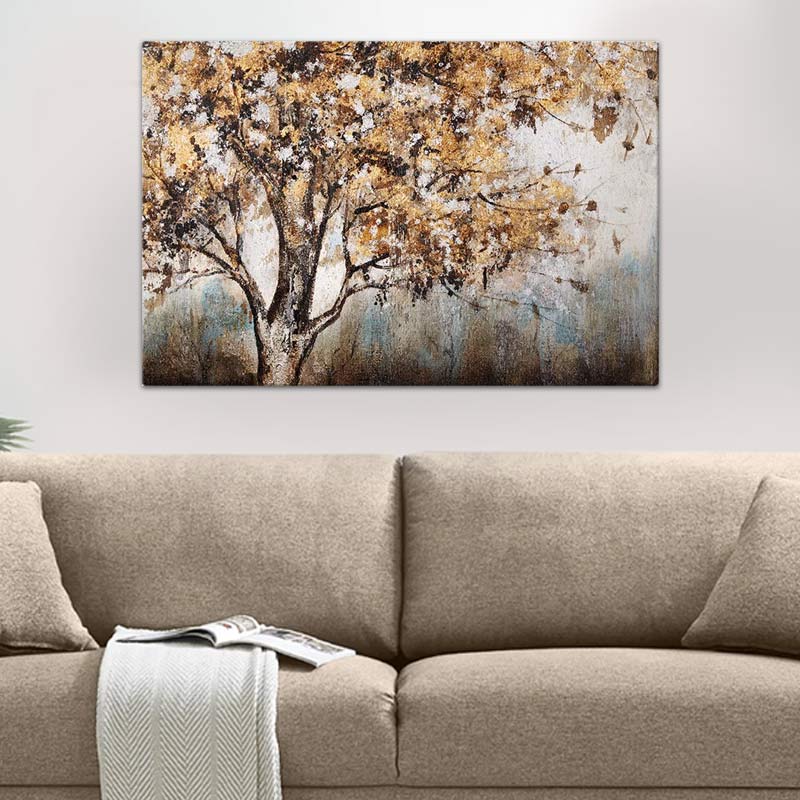 A vibrant digital canvas painting titled 'AUTUM IS HERE', measuring 140x100x3cm, showcasing autumnal colors and a serene landscape.