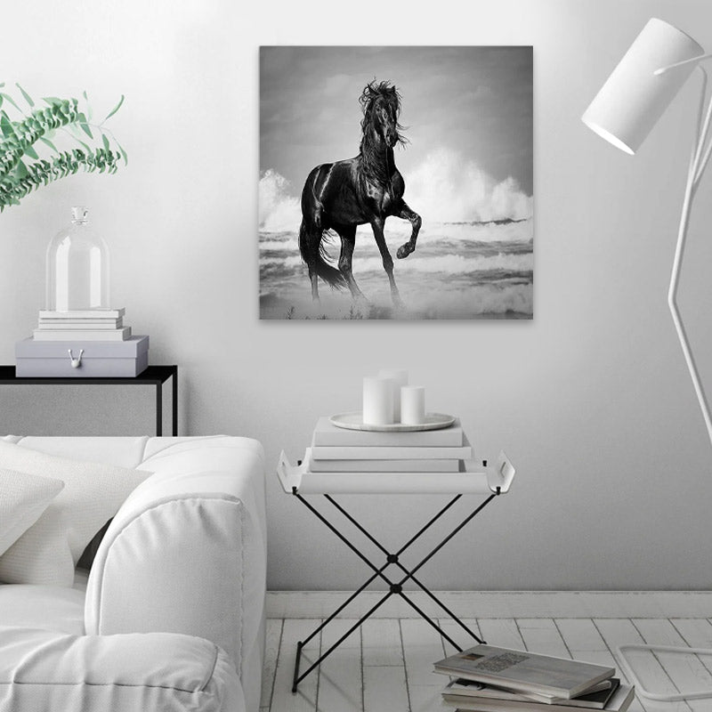 A vibrant digital painting titled HORSE POWER on a 60x60x3 cm canvas, showcasing a powerful horse in motion, perfect for home or business decor.