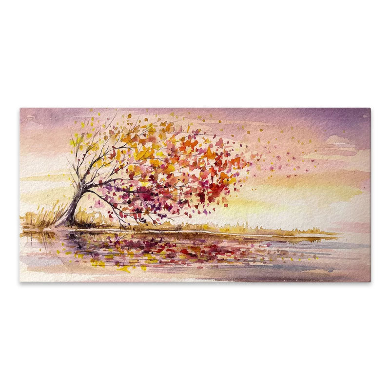 Digital canvas painting titled TREE IN THE WIND, measuring 140x70x3cm, showcasing vibrant colors and serene imagery.