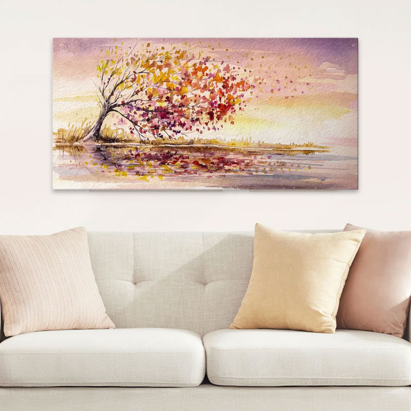 Digital canvas painting titled TREE IN THE WIND, measuring 140x70x3cm, showcasing vibrant colors and serene imagery.