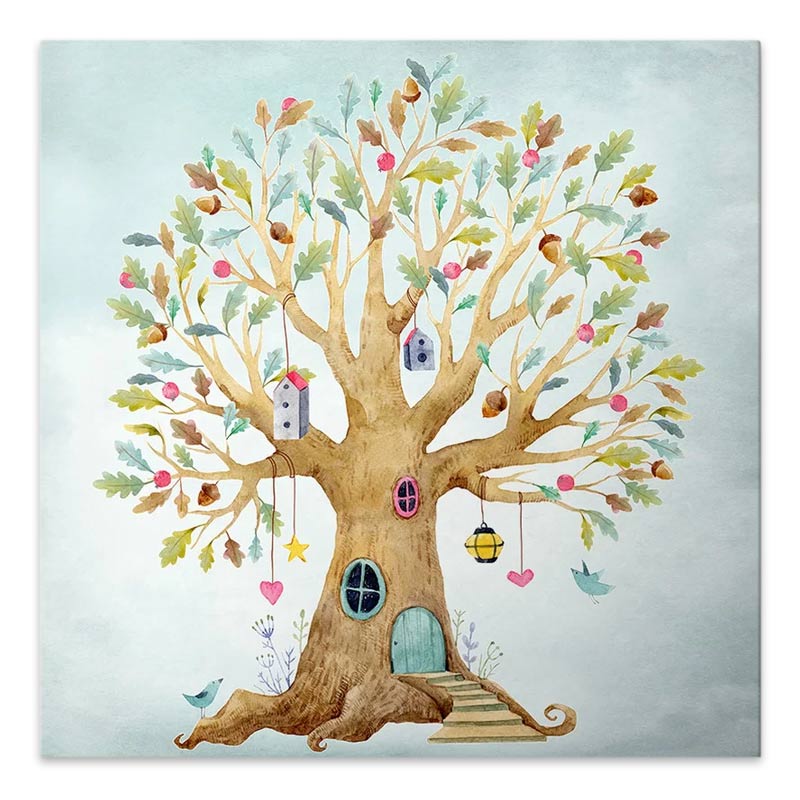 A vibrant digital painting of a treehouse on canvas, measuring 40x40x3 cm, showcasing a whimsical design perfect for children's rooms.