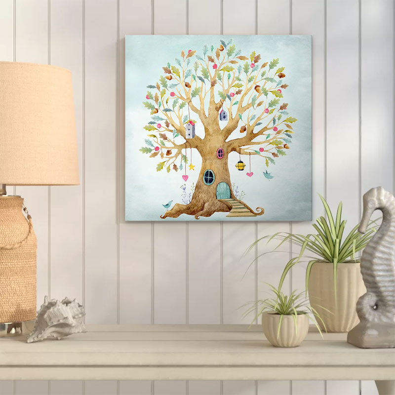 A vibrant digital painting of a treehouse on canvas, measuring 40x40x3 cm, showcasing a whimsical design perfect for children's rooms.