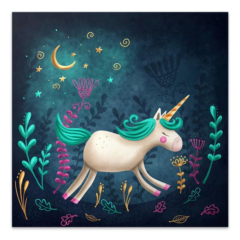 A colorful unicorn painting on canvas for kids, measuring 40x40x3cm, featuring a whimsical design perfect for children's rooms.