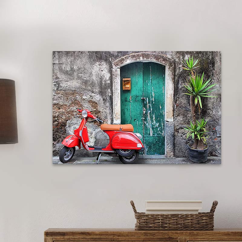 VESPA digital print canvas artwork measuring 60x40x3 cm, featuring vibrant colors and a durable pine wood frame.