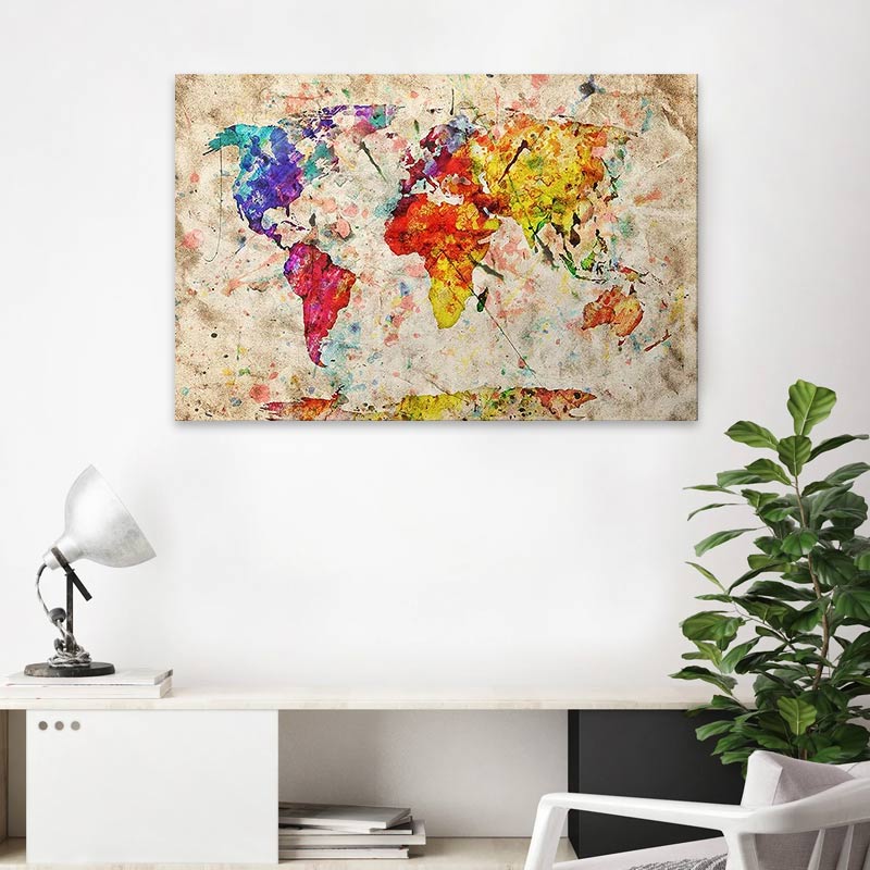 Vibrant WORLDS COLORS digital print painting on canvas, measuring 75x50x3 cm, showcasing a blend of colors for a positive ambiance.