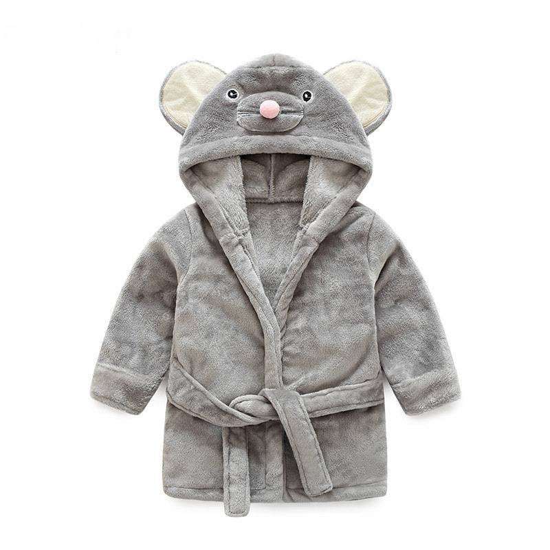 Soft velvet baby animal plush bathrobe in various sizes for boys and girls, featuring a hooded design and playful animal pattern.