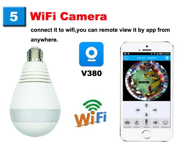 Panoramic Camera Bulb Light Wireless IP Camera with 360-degree view and HD 960p resolution, designed for indoor security.