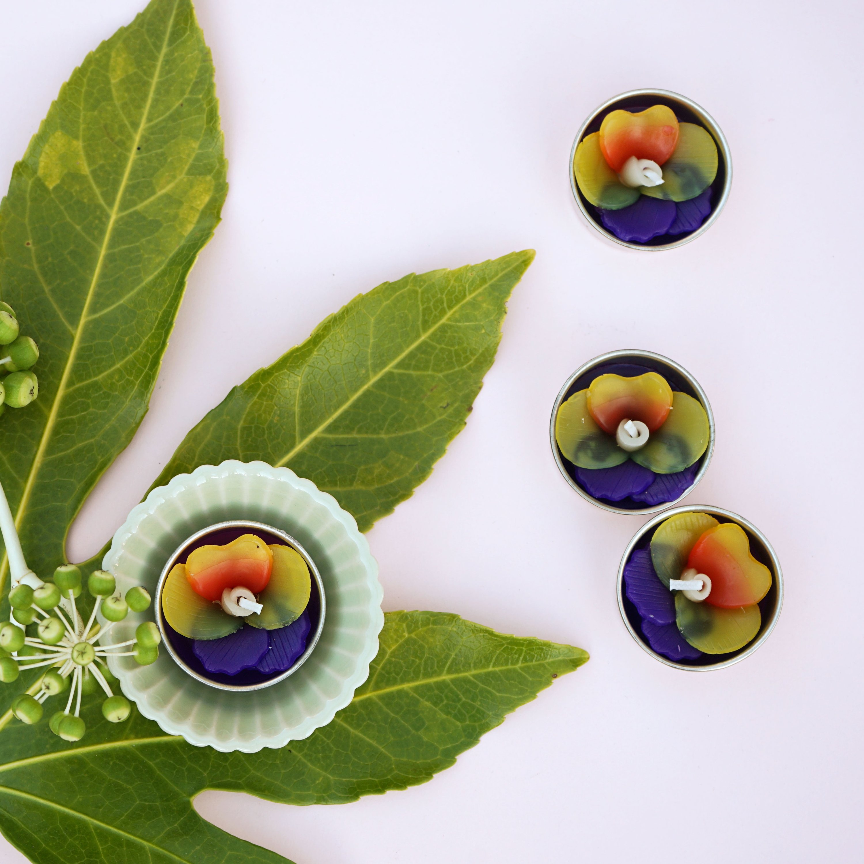 A set of handmade Pansy Scented Tealights in purple and yellow, beautifully packaged in a botanic garden printed box.