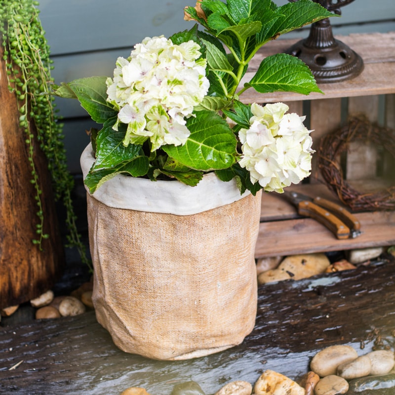 Paper Bag Style Concrete Garden Pot in khaki color, showcasing its unique design and drainage hole.