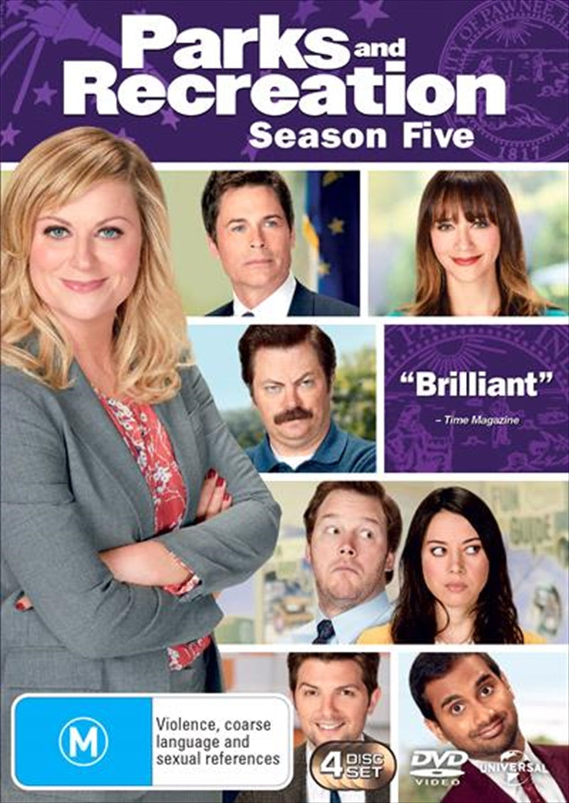 Parks and Recreation Season 5 DVD cover featuring Leslie Knope and Ben, showcasing vibrant colors and comedic elements.