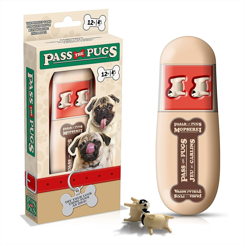 Two adorable pug dice in a compact case for the game Pass The Pugs 2.0, showcasing the fun and playful theme.