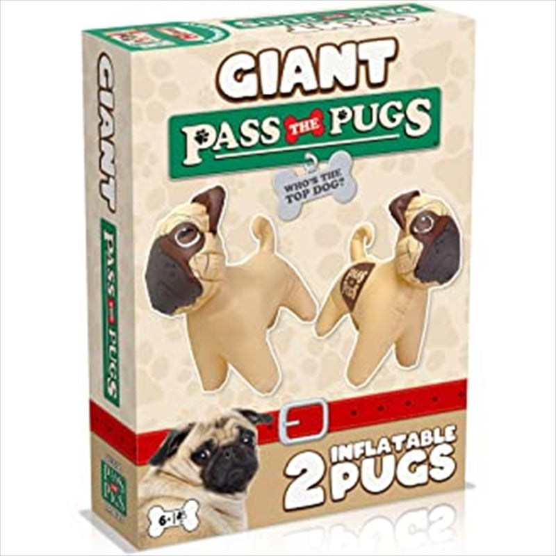 Two giant inflatable pugs in vibrant colors, perfect for outdoor games and parties.