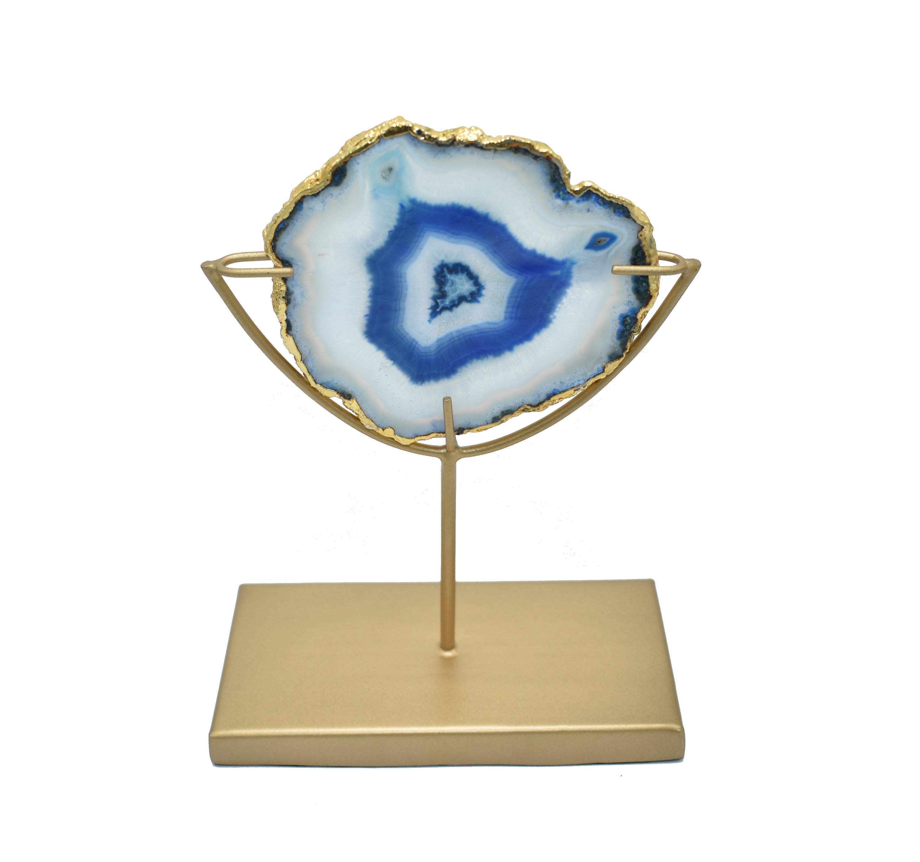 A beautiful pastel blue agate slice displayed on a decorative gold stand, showcasing its vibrant colors and unique patterns.