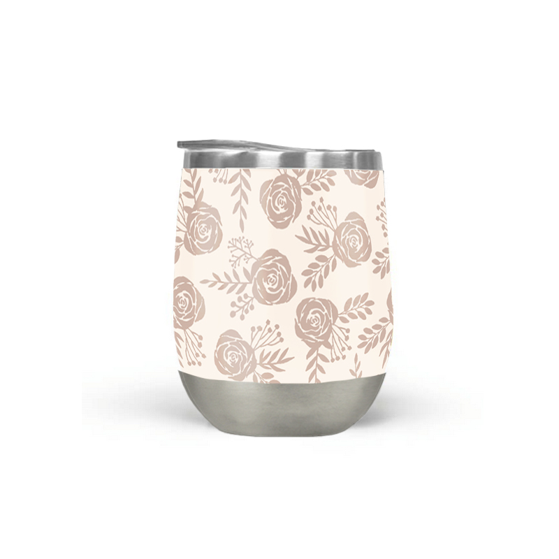 A pastel floral wine tumbler made of stainless steel, featuring a double-wall design and a plastic lid, perfect for outdoor use.