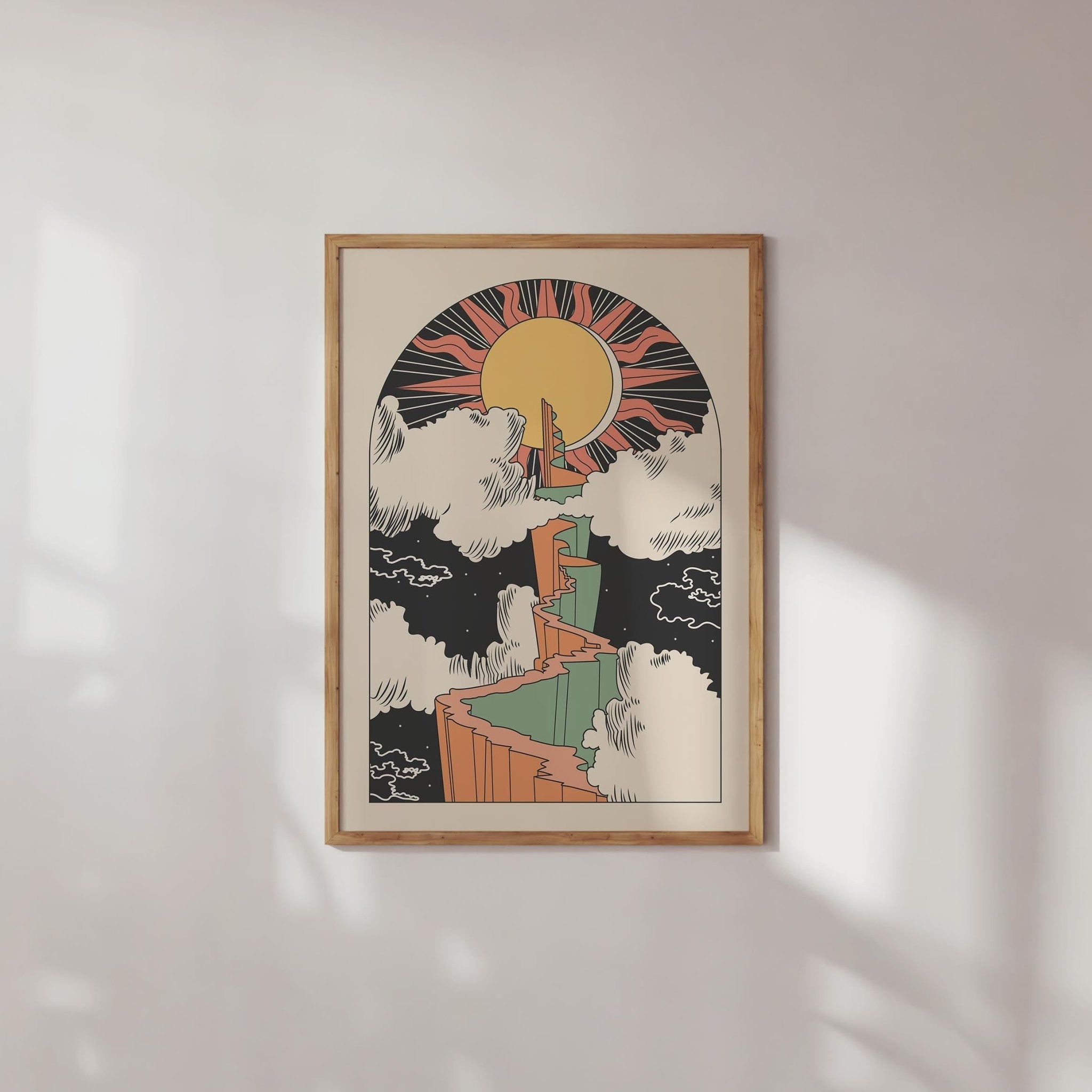 Path to the Sun Art Print featuring tarot imagery with bohemian design elements, available in A4 and A3 sizes.