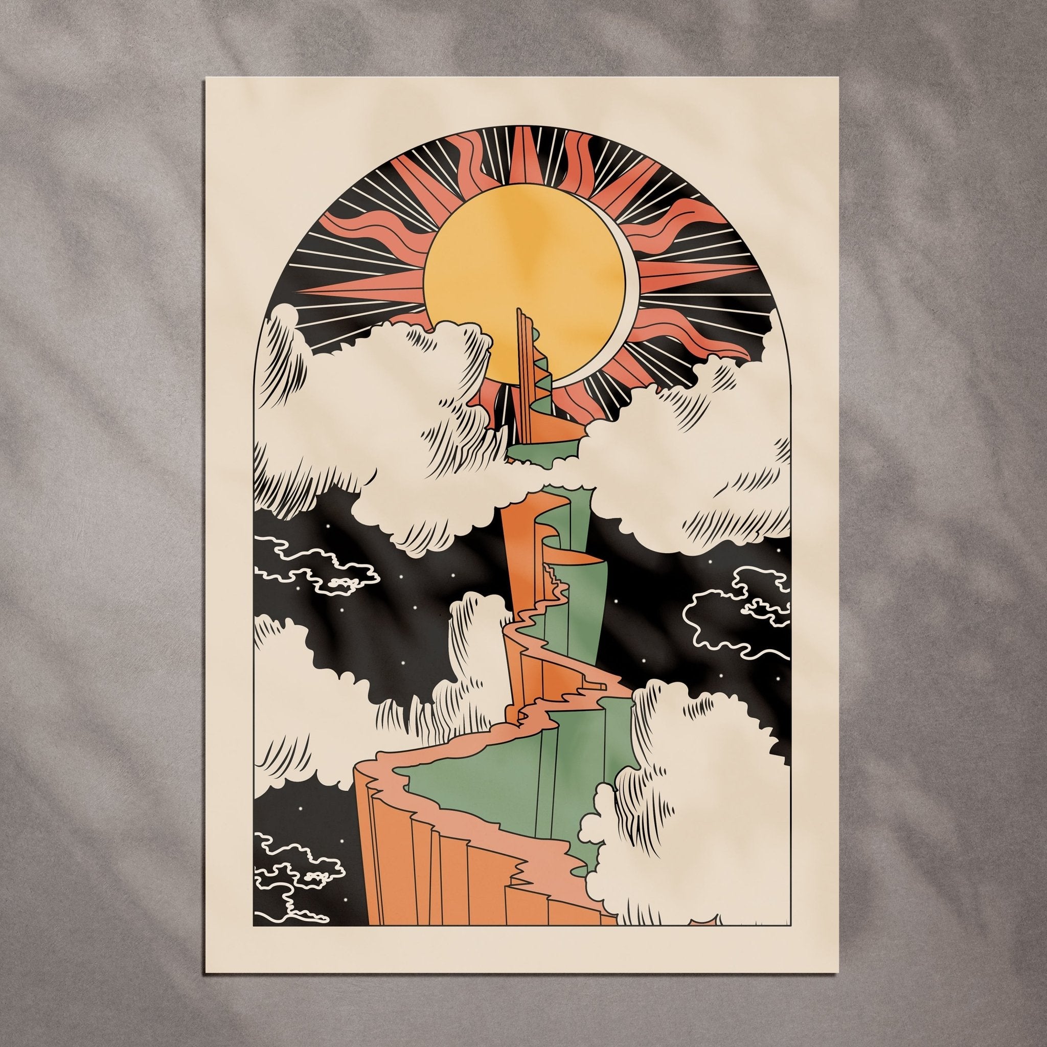 Path to the Sun Art Print featuring tarot imagery with bohemian design elements, available in A4 and A3 sizes.