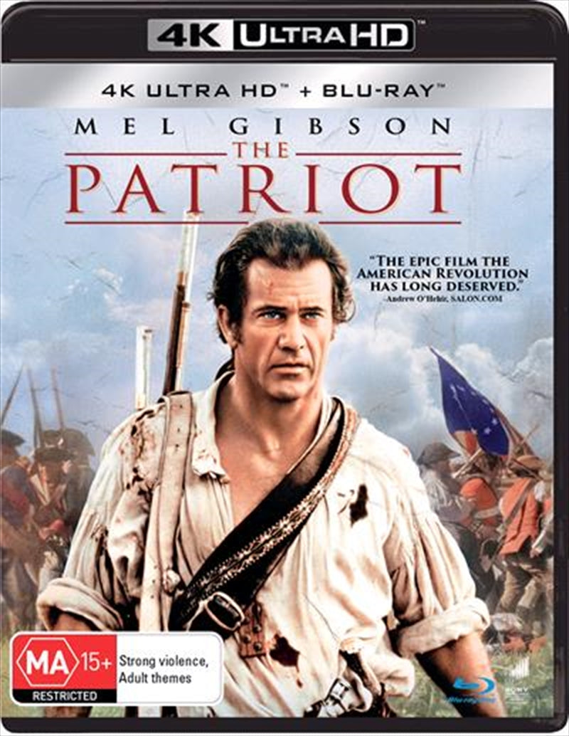 A dramatic scene from 'Patriot, The UHD' featuring Mel Gibson as Benjamin Martin, showcasing the intensity of the American Revolution.